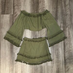 Skylar + Madison Olive Green Fringe Trim Flare Boho Mini Skirt Set - Small